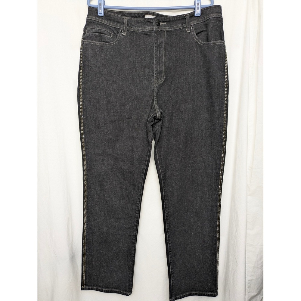 Chico's Platinum Denim Size 3 Black Rhinestone Embellished Straight Leg Jeans